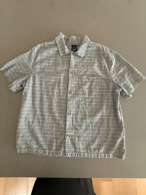 Men's Large Gap Blue Plaid Linen-Cotton Short Sleeve Button Shirt EUC